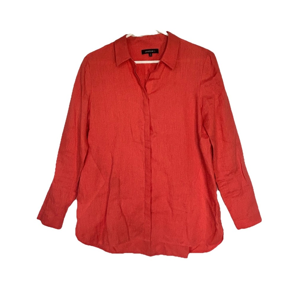 Lafayette 148 Women's Blouse 100% Linen Long Sleeve Shirt Coral Size 8 Luxury